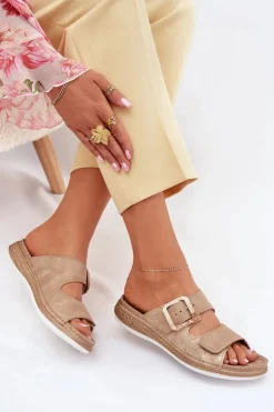 Klapki Damskie Z Klamrą I Rzepem INBLU MK000013 Beżowe