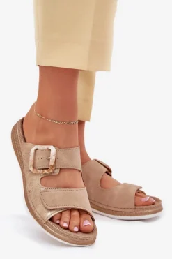 Klapki Damskie Z Klamrą I Rzepem INBLU MK000013 Beżowe