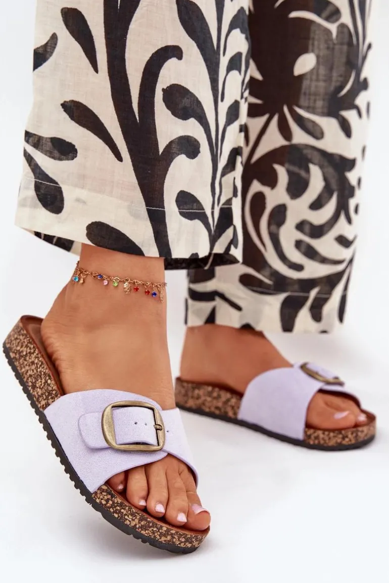 Klapki Damskie Z Klamrą Na Korkowej Platformie Liliowe Zavira