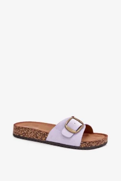 Klapki Damskie Z Klamrą Na Korkowej Platformie Liliowe Zavira