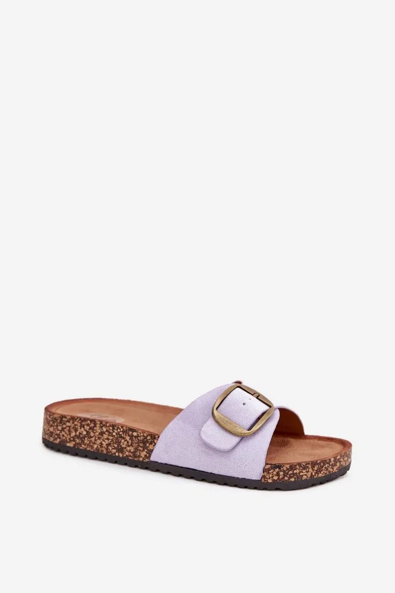Klapki Damskie Z Klamrą Na Korkowej Platformie Liliowe Zavira