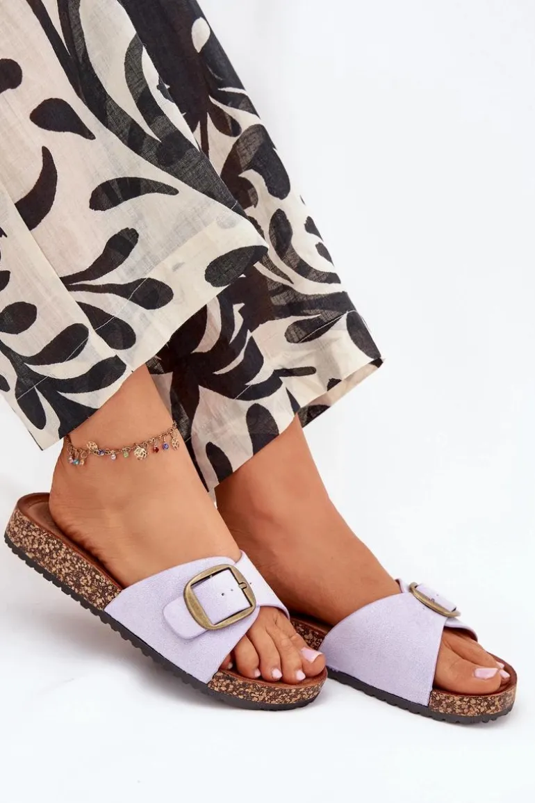 Klapki Damskie Z Klamrą Na Korkowej Platformie Liliowe Zavira