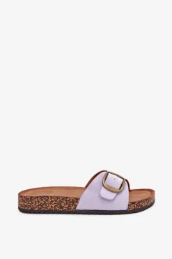 Klapki Damskie Z Klamrą Na Korkowej Platformie Liliowe Zavira