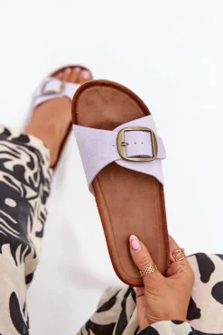 Klapki Damskie Z Klamrą Na Korkowej Platformie Liliowe Zavira