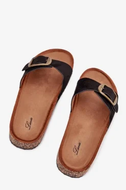 Klapki Damskie Z Klamrą Na Korkowej Platformie Czarne Zavira