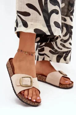 Klapki Damskie Z Klamrą Na Korkowej Platformie Beżowe Zavira