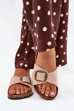 Klapki Damskie Z Klamrą Na Korkowej Platformie Różowe Zavira