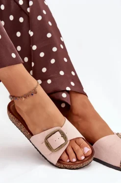 Klapki Damskie Z Klamrą Na Korkowej Platformie Różowe Zavira