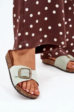 Klapki Damskie Z Klamrą Na Korkowej Platformie Miętowe Zavira