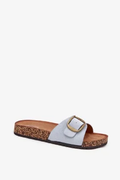 Klapki Damskie Z Klamrą Na Korkowej Platformie Niebieskie Zavira