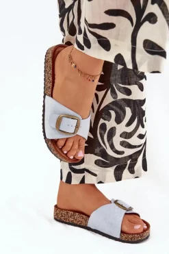 Klapki Damskie Z Klamrą Na Korkowej Platformie Niebieskie Zavira