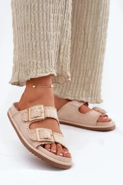 Klapki Damskie Z Klamrami I Ozdobnym Obszyciem Beżowe Visley