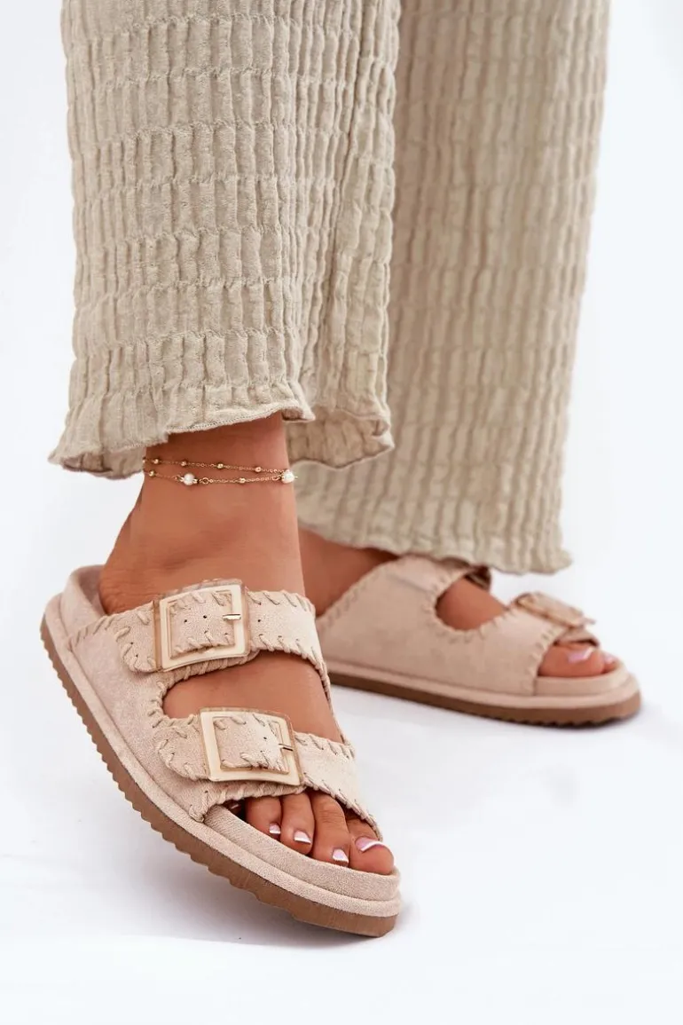 Klapki Damskie Z Klamrami I Ozdobnym Obszyciem Beżowe Visley