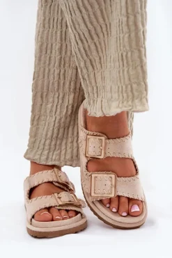 Klapki Damskie Z Klamrami I Ozdobnym Obszyciem Beżowe Visley