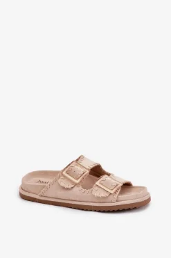 Klapki Damskie Z Klamrami I Ozdobnym Obszyciem Beżowe Visley