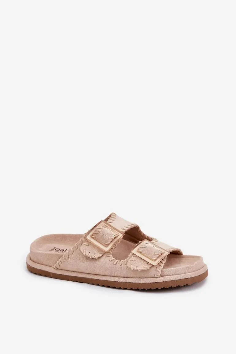 Klapki Damskie Z Klamrami I Ozdobnym Obszyciem Beżowe Visley