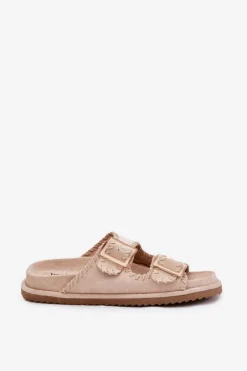 Klapki Damskie Z Klamrami I Ozdobnym Obszyciem Beżowe Visley