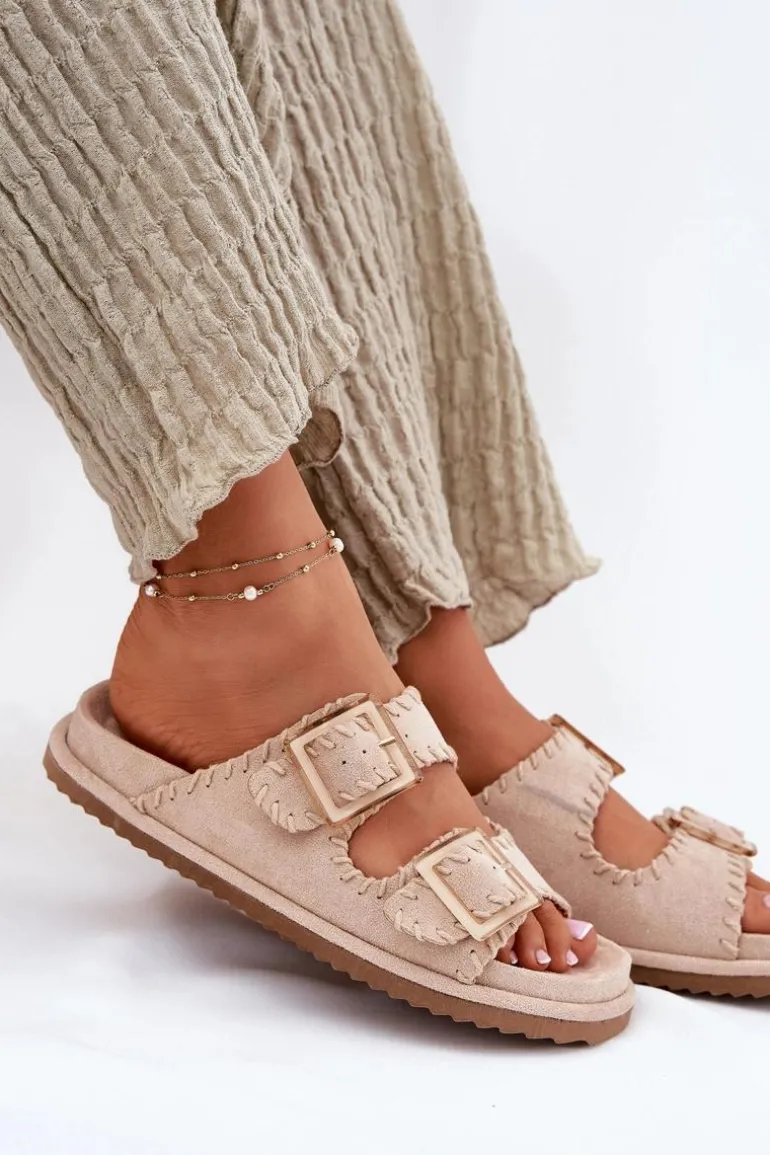 Klapki Damskie Z Klamrami I Ozdobnym Obszyciem Beżowe Visley