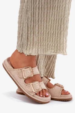 Klapki Damskie Z Klamrami I Ozdobnym Obszyciem Beżowe Visley