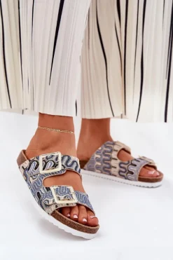 Klapki Damskie Z Klamrami I Brokatem S.Barski RB51-006 Beżowe