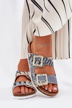 Klapki Damskie Z Klamrami I Brokatem S.Barski RB51-006 Beżowe