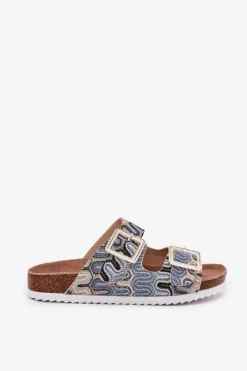 Klapki Damskie Z Klamrami I Brokatem S.Barski RB51-006 Beżowe