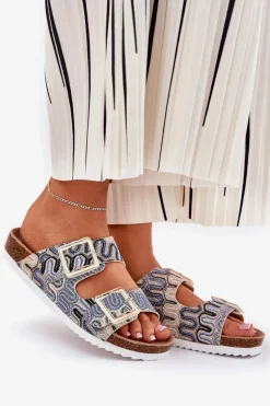 Klapki Damskie Z Klamrami I Brokatem S.Barski RB51-006 Beżowe