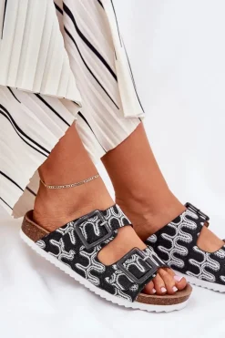 Klapki Damskie Z Klamrami I Brokatem S.Barski RB51-006 Czarne