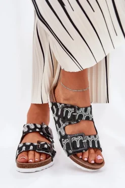 Klapki Damskie Z Klamrami I Brokatem S.Barski RB51-006 Czarne