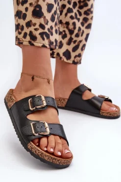 Klapki Damskie Z Klamrami Czarne Fronila