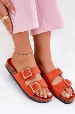 Klapki Damskie Z Klamrami Na Korkowej Podeszwie Pomarańczowe Sercele