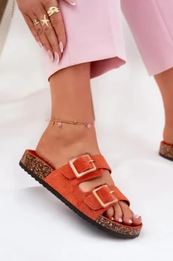Klapki Damskie Z Klamrami Na Korkowej Podeszwie Pomarańczowe Sercele