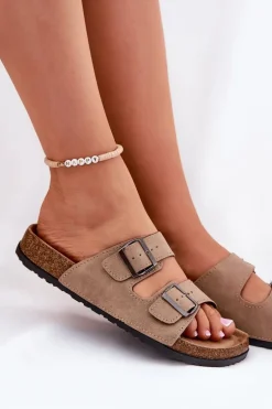 Klapki Damskie Z Klamrami Na Korkowej Platformie Beżowe Galurena