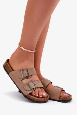 Klapki Damskie Z Klamrami Na Korkowej Platformie Beżowe Galurena