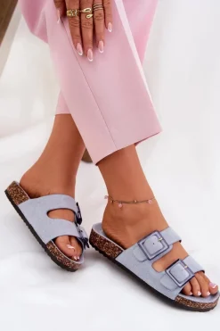 Klapki Damskie Z Klamrami Na Korkowej Podeszwie Niebieskie Sercele