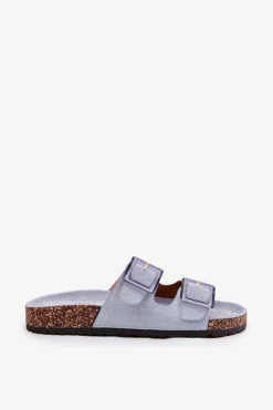 Klapki Damskie Z Klamrami Na Korkowej Podeszwie Niebieskie Sercele