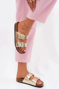 Klapki Damskie Z Klamrami Na Korkowej Podeszwie Złote Sercele