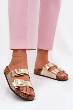 Klapki Damskie Z Klamrami Na Korkowej Podeszwie Złote Sercele