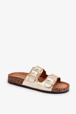 Klapki Damskie Z Klamrami Na Korkowej Podeszwie Złote Sercele