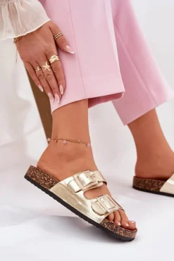 Klapki Damskie Z Klamrami Na Korkowej Podeszwie Złote Sercele