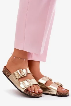 Klapki Damskie Z Klamrami Na Korkowej Podeszwie Złote Sercele