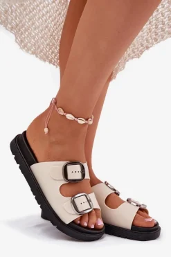 Klapki Damskie Z Klamrami Na Platformie Beżowe Elamas