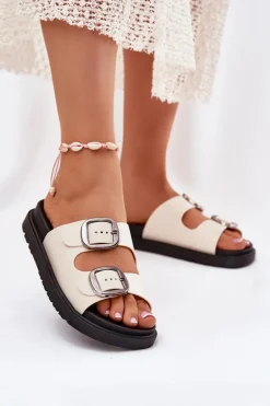 Klapki Damskie Z Klamrami Na Platformie Beżowe Elamas