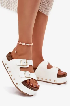 Klapki Damskie Z Klamrami Na Masywnej Platformie Białe Odisene