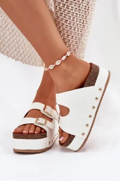 Klapki Damskie Z Klamrami Na Masywnej Platformie Białe Odisene