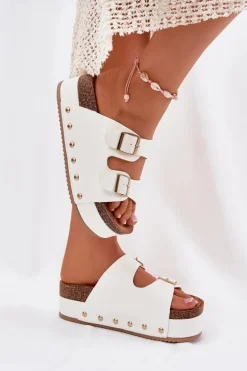 Klapki Damskie Z Klamrami Na Masywnej Platformie Białe Odisene