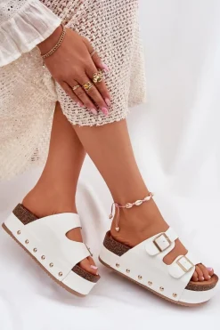 Klapki Damskie Z Klamrami Na Masywnej Platformie Białe Odisene