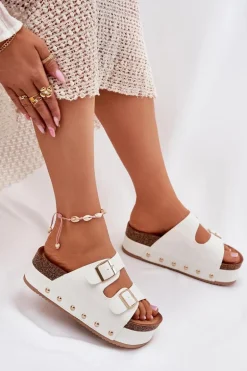 Klapki Damskie Z Klamrami Na Masywnej Platformie Białe Odisene