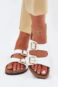 Klapki Damskie Z Klamrami Z Eko Skóry Białe Iskira