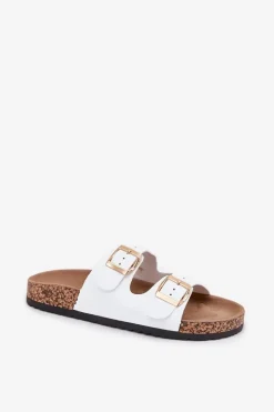 Klapki Damskie Z Klamrami Z Eko Skóry Białe Iskira